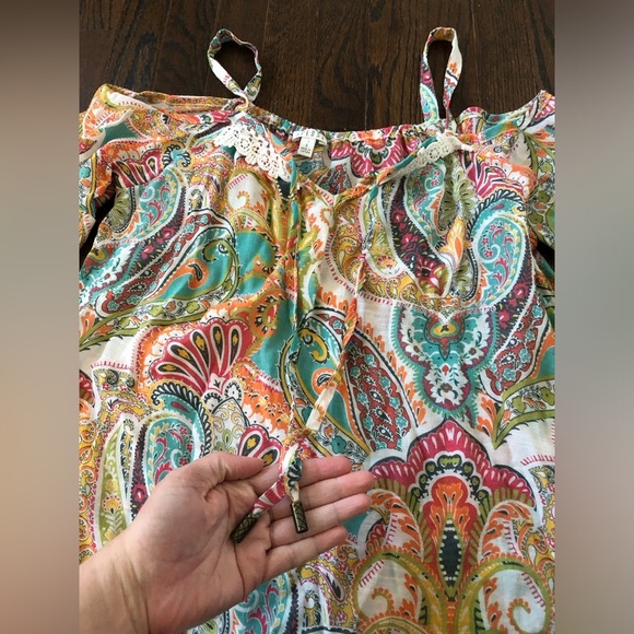 SPENSE Women’s S Orange Boho Paisley Off-The-Shoulder Puffed Sleeved V-Neck Top - Picture 4 of 11